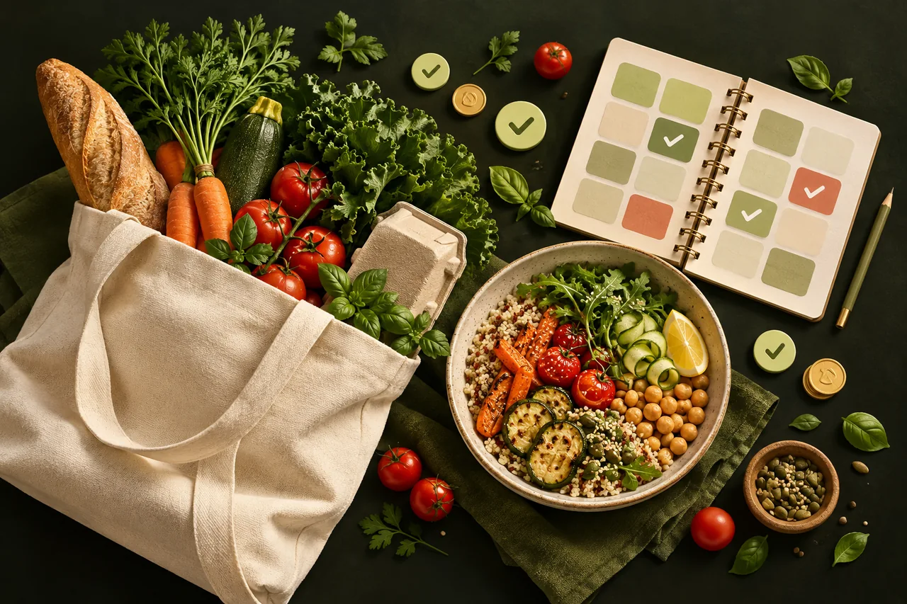 Свіжі овочі, домашня страва й план меню поруч із торбинкою продуктів